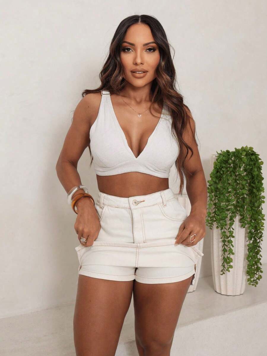 Shorts And Jeans Skirt With Side Opening - Kem - Xem 1