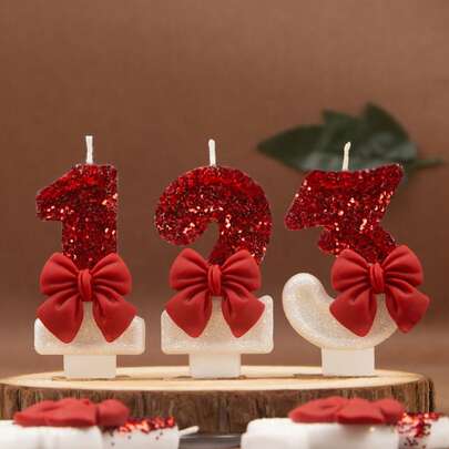 A 0-9 Freely Combinable Number Candle With A Red Bow, Perfect For Christmas, Birthday Parties, Anniversaries, Wedding Anniversaries, And Premium Cake Decoration.