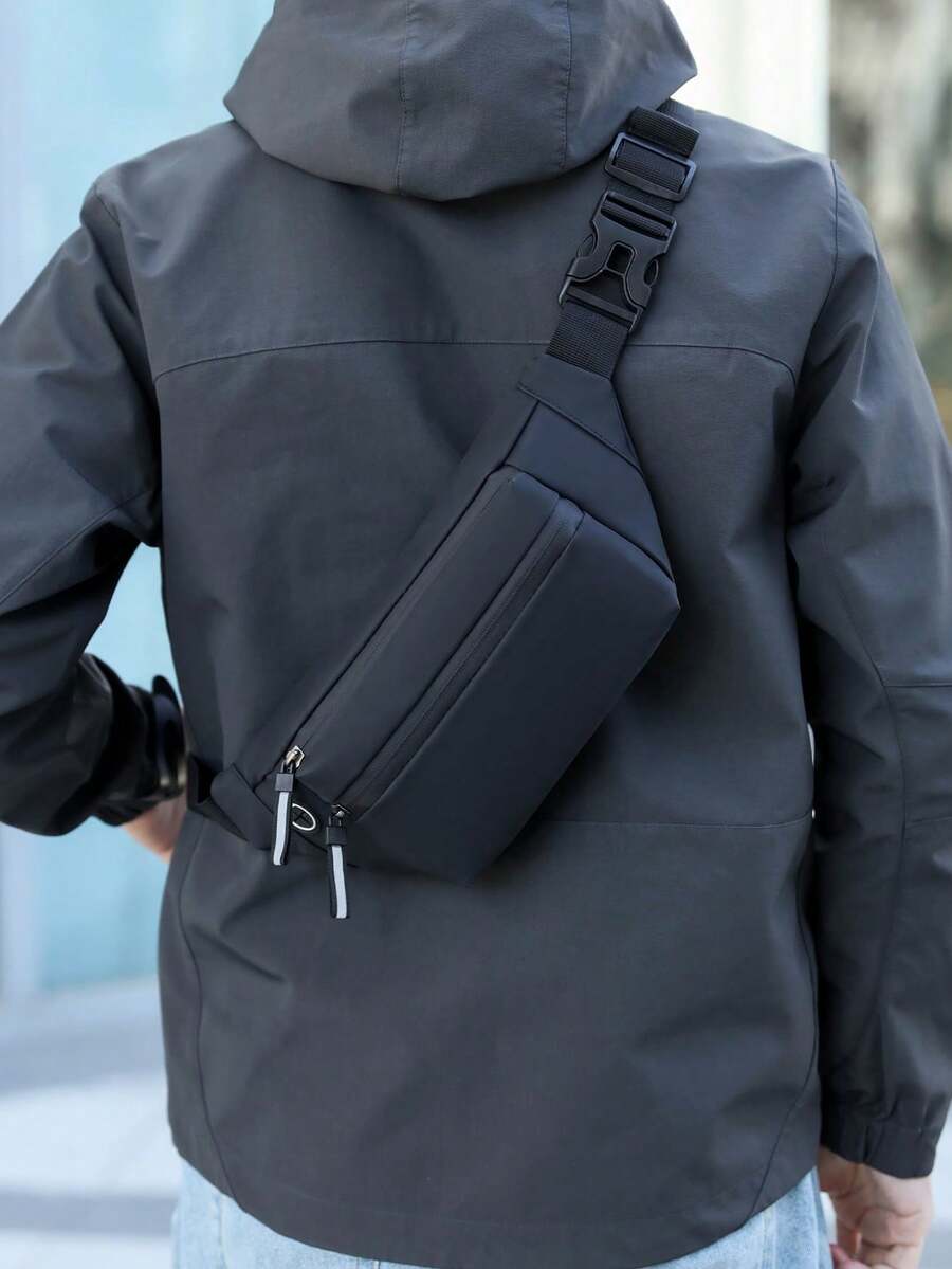 纯色 PU 面料时尚男士功能性酷炫胸包腰包运动风格百搭 - 黑色 - 查看 1