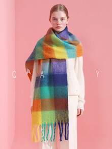 1 pieza Bufanda esponjosa con estampado a cuadros, elegante y bonita, de alta calidad, cálida y cómoda, de falso cachemira para mujer, adecuada para uso diario, ir al trabajo, exteriores, hogar, viajes, regalos, accesorios