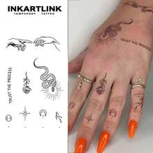 INKARTLINK Temporary Tattoos, Various Elements Like Snake, Rose, Moon, Waterproof Long-Lasting 1-2 Weeks, Realistic Tattoo Appearance, Botanical & Symbol Tattoos - Black - View 1