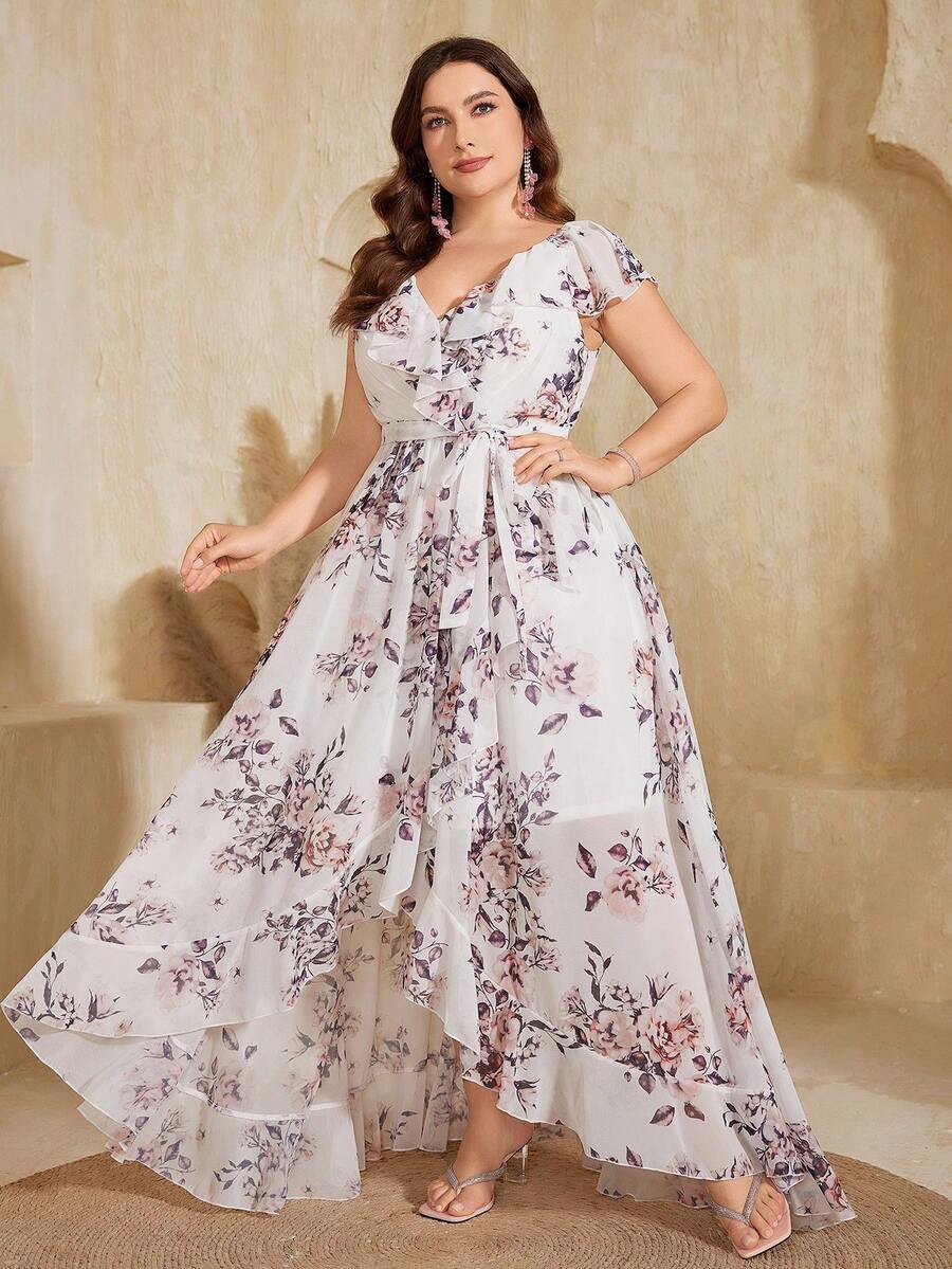 UNITHORSE Non-Positioning Flower V-Neck Ruffle Collar Detachable Tie Asymmetrical Ruffle Hem Printed Bridesmaid Dress - White - View 1