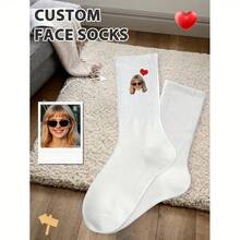 1 Pair Custom Face Socks With Photo - Personalized Mid-Calf Socks For Couples, Fun & Creative Design, Breathable Polyester/Spandex Blend, Perfect For Valentine'S Day, Birthdays, And Gifts, Cute Socks