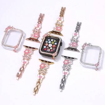 1 Set Women's Case & Band With Tassel, Sakura Flower, Crystal Butterfly Pendant Decoration, Compatible With Apple Watch 38/40/41/42/44/45/46/49mm, Fits S11/S10/9/8/7/6/5/4/3/2/1/SE/Ultra Series