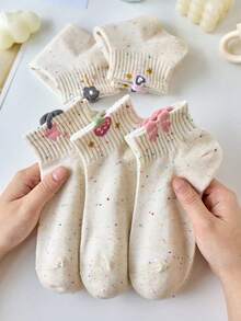 5 pares de calcetines cortos para mujer de color blanco y rosa con bordados florales y de moños, que absorben la humedad y son cómodos hasta el tobillo, adecuados para uso diario en primavera y verano