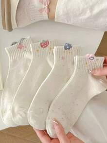 5 pares de calcetines cortos para mujer de color blanco y rosa con bordados florales y de moños, que absorben la humedad y son cómodos hasta el tobillo, adecuados para uso diario en primavera y verano