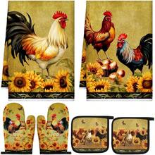 6 Farm Rooster Farmhouse Kitchen Decor Dish Towels Oven Mitts And Pot Holders Sets Chicken Kitchen Towels Absorbent Decorative Accessories Cooking Baking Grilling - 黃綠色+葵花公雞 - 查看 2