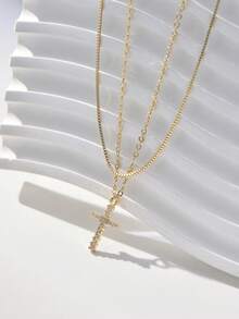 Nooxian 2pcs/Set Fashionable Casual Gold-Tone Cubic Zirconia Cross Pendant Double-Layer Necklace Set For Women
