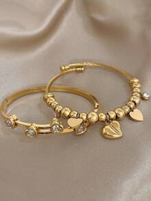 18K Gold Plated Stainless Steel Luxury Elegant Heart & Diamond Accent Bangle Bracelet Set For Women, Sweet Romantic Jewelry Mom Gift Christmas Thanksgiving Halloween Wedding Rave/Prom/Party/Daily Accessories Gift For Anniversary Valentine's Day Boho Jewelry Birthday Bridesmaid Gifts