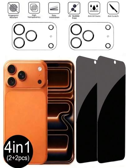 4-In-1 Tempered Glass Privacy Screen Protector (2 Pcs) + Lens Protector (2 Pcs), Anti-Spy, Compatible With IPhone 13/14/15/16/17 Plus Pro Max & 17 Air 16e Series – A Fashionable Phone Accessory With Upgraded Protection. The Perfect Holiday Gift, Screen Privacy, Modern Accessory, Stylish Protector, High-Quality Film, Smooth Surface, Privacy Filter, Gift Buyer, And Tech Enthusiast.