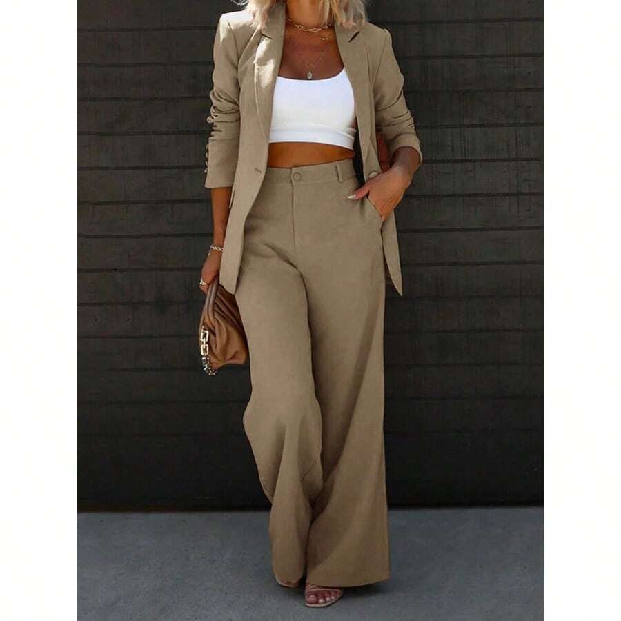Elegant Business And Leisure Two-Piece Suit, Single-Button Lapel Suit Jacket And Slim Trousers, Women's Wear - Khaki - View 1