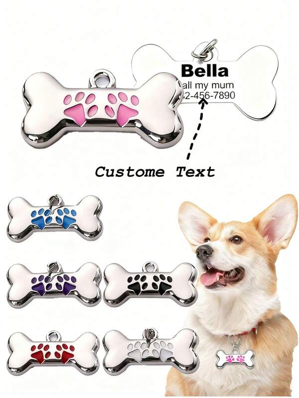 1 Custom Pet Dog Tag, Personalized Pet Dog Tag, Bone Paw Print Personalized Pet Dog Tag For Pets, Luxury Collar Tag For Pets, Suitable For Cats And Dogs, Engraved Stylish, Fashion, Colorful, Vintage, Cute, Contracted, Cuties Custom, Unique, Customized, Personalized Pet For Anniversaries, For Birthdays, En, Christmas, Dog Tag