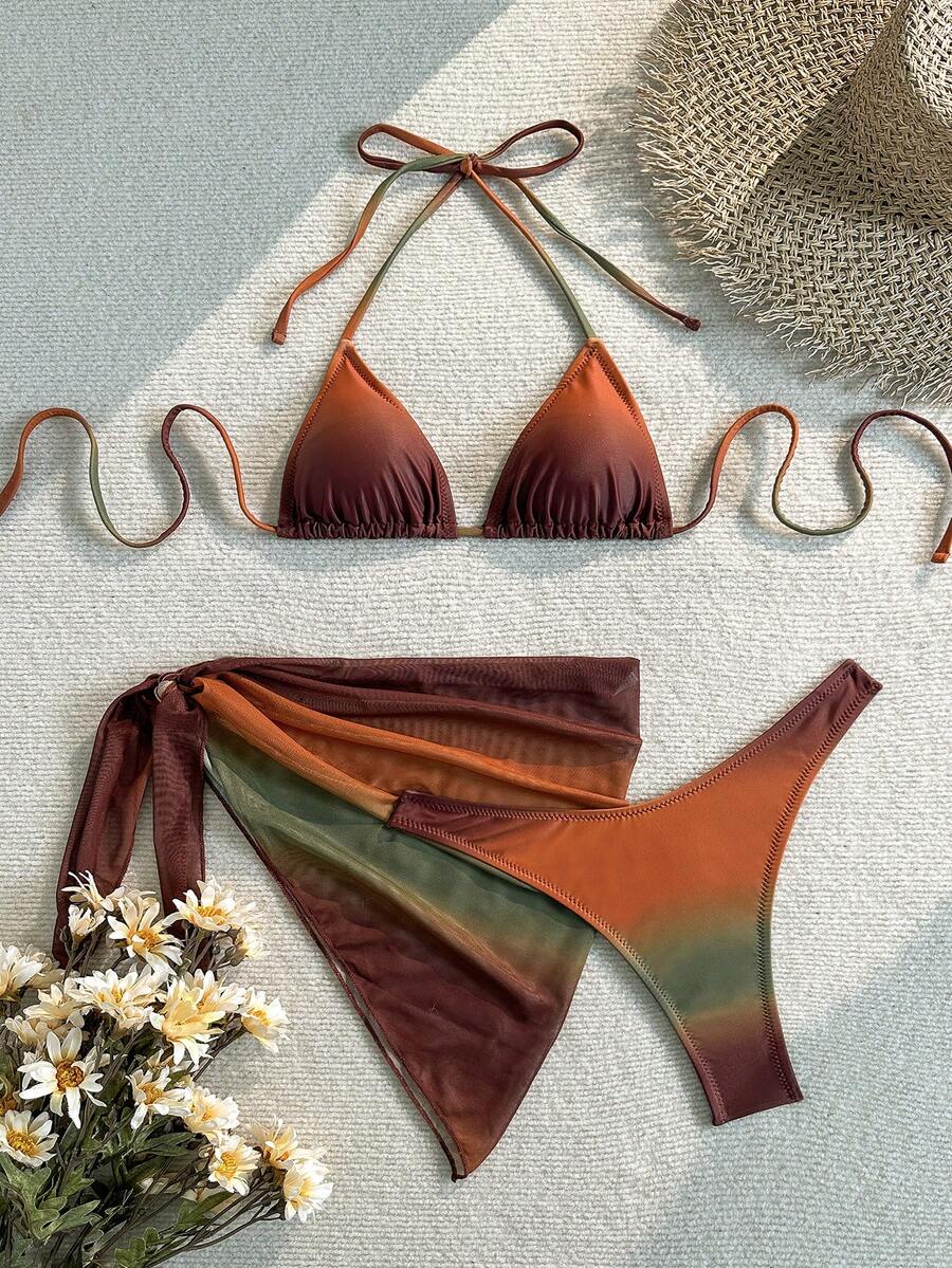 3 件套性感网纱连衣裙比基尼套装，夏季 - 咖啡棕 - 查看 1