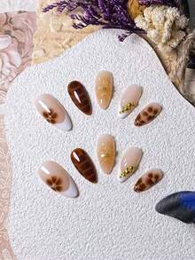 10pcs Handmade Almond-Shaped Burgundy French Tip Gold Asymmetrical Line Decor 3D Starry Nail Art Stickers, Sophisticated & Fashionable Nails Nail Supplies Handmade Press On Nails - Multicolor - View 5