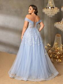 Vestido Elegante de Chiffon Estilo A-Line para Mulheres Plus Size, Amarração na Cintura Nas Costas, Ajuste Slim, Adequado para Gala de Traje Preto, Vestido de Convidada de Casamento, Vestido da Mãe da Noiva, Evento de Tapete Vermelho e Jantar Formal - Azul bebê - Visão 2