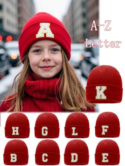 1 pieza Gorro de punto con letra A-Z para niños, gorro de punto de unicolor y cálido para niños y niñas, adecuado para uso al aire libre y diario