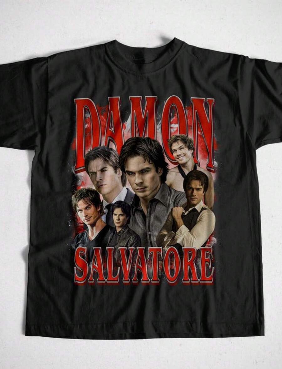 Damon Salvatore Vintage T-Shirt, Retro Aesthetic Tee, Clic Moody Heartthrob Shirt, Gift For Women.Jpg - 黑色 - 查看 1