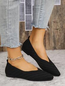 女式平底尖头针织网眼休闲舒适运动鞋 - 黑色 - 查看 4