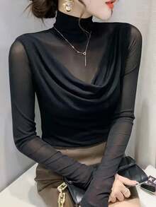 Áo thun dài tay lưới thời trang, tạo hiệu ứng thon gọn, màu đen casual mùa thu/đông. - màu đen - Xem 2