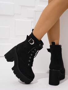 Botas de plataforma de tobillo de moda casual de otoño/invierno para mujer - Negro - Ver 5