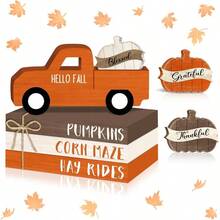 8 Pcs Fall Table Decorations Pumpkin Tiered Tray Decor, Farmhouse Wood Faux Book Stack Truck Sign Rustic Pumpkins Centerpiece Home Kitchen Shelf Autumn Harvest Thanksgiving