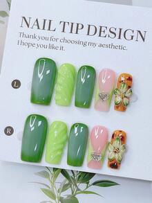 10片装Y2K风管状美甲贴片套装 - 手工制作，绿色美甲贴片，粉色美甲贴片，手工3D花朵美甲贴片，3D绿色花朵美甲贴片，手绘豹纹和3D水滴图案设计，闪亮银色爱心水钻点缀 - 适合女性和女孩，派对，婚礼美甲用品 - 彩色 - 查看 10