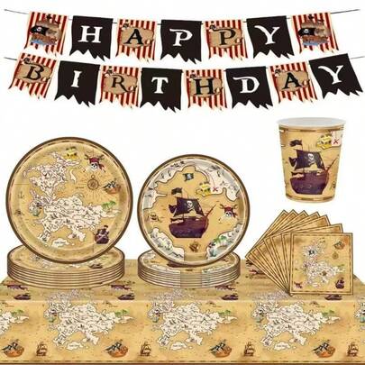 这款50件套海盗船主题生日派对餐具套装可供10人使用，包含10个7英寸纸盘、10个9英寸纸盘、10个纸杯和20张纸巾。它非常适合派对、万圣节、圣诞节、感恩节和其他节日聚餐。它也是万圣节、圣诞节、感恩节和其他节日派对的完美装饰，更是送给海盗迷的理想礼物。