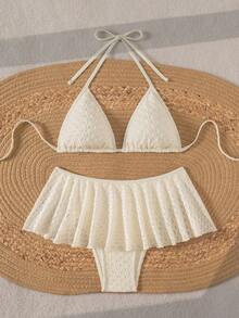 Elegant Sexy Halter Bikini Set - Unique Fabric Ruffled Skirted Bottoms Timeless Women's Swimwear Vacation Beach - Apricot - View 2