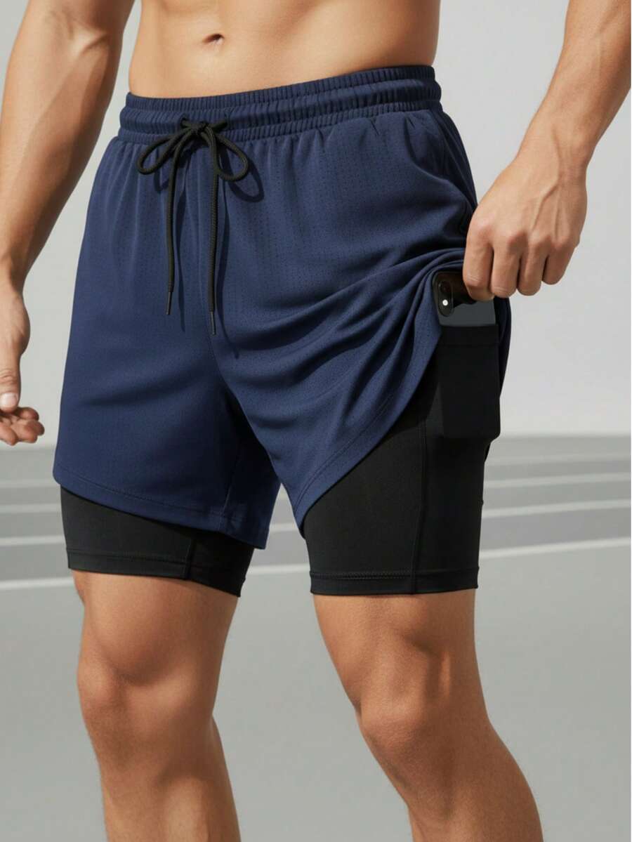 2-In-1 Double Sports Dry Fit Shorts With Pocket Gym Shorts Sports Shorts - Màu xanh hải quân - Xem 1