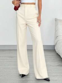 Women's Tailored Flare Pants With Fake Pockets At The Back - Cream - View 3