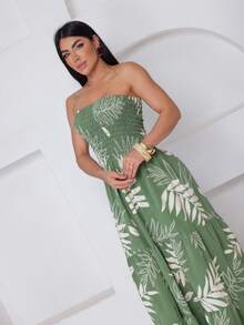 Women's Long Lastex Strapless Dress With Leaf Print - màu xanh lá - Xem 5
