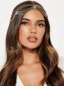 1 件简约复古波西米亚风格仿绿松石流苏头带，时尚金链发饰，适合女性日常和节日，头饰，头饰珠宝，发饰，发藤链，女士珠宝，金色头饰，婚礼