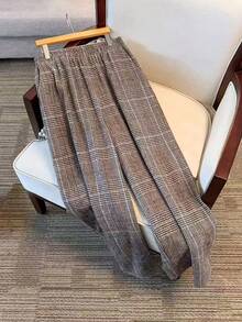 Women's Plaid Woven Fabric Wide Leg Pants, Long Casual Trousers Without Stretch