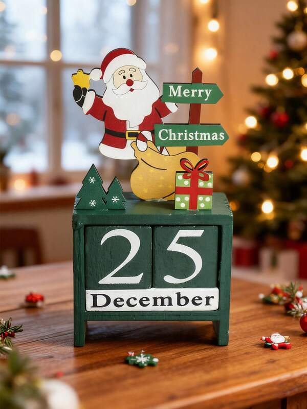 1pc Christmas Calendar Decoration, Santa Claus Wooden Desktop Decoration Ornaments, Festive Table Decoration, Rustic Farmhouse Christmas Decoration, Suitable For Living Room, Bedroom, Office, Party Display