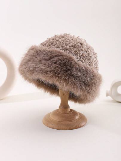 1pc Vintage Solid Color Faux Fur Patchwork Bucket Hat, Warm Teddy Fleece Retro Landlord Cap; Korean Ins Style Faux Fur Bucket Hat, Niche Design Sweet Cool Autumn/Winter Warm Hat