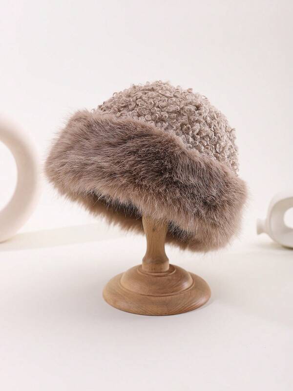 1pc Vintage Solid Color Faux Fur Patchwork Bucket Hat, Warm Teddy Fleece Retro Landlord Cap; Korean Ins Style Faux Fur Bucket Hat, Niche Design Sweet Cool Autumn/Winter Warm Hat