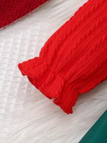 2 Stück Baby Mädchen Weihnachts-Outfits: Rot gestrickter Jacquard Rüschenkragen bestickter Buchstaben Langarm-Oberteil kombiniert mit grünem Schleifen-Weihnachts-Muster 2-in-1 Trägerkleid, mit rotem Jacquard-Stirnband, Frühling/Herbst