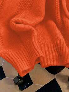 女士休闲连帽针织开衫，宽松长袖，前口袋，可调节抽绳兜帽，简约设计，舒适套头衫，秋冬 - 橘色 - 查看 5