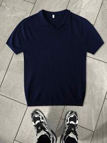GRDR Men's Loose Thin Ribbed Polo Collar Knit Shirt, Short Sleeve, Summer - Navy Blue - View 4