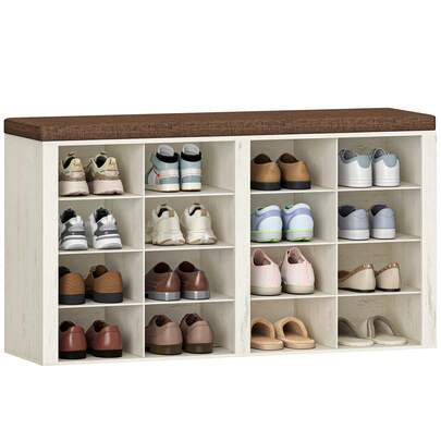 HEXCELEN Shoe Storage Bench With Padded Seat, Shoe Rack Bench With 12 Open Compartments, Adjustable Shelves, Shoes Cabinet With Cushion For Hallway, Living Room, Bedroom, White And Brown