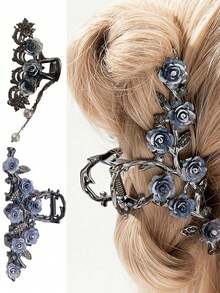 2pcs/Set Women's Alloy Black & Purple Floral Crystal Faux Pearl Hair Claw, Romantic Luxurious Thick Hair Elegant Bun Clip, Minimalist High-End Stylish Hair Clip, Suitable For Daily Use (1 Large Claw, 1 Small Claw) Hair Accessories Fashion Claw Clips Ladies Hair Clamps Casual Hair Jaw Clip Autumn Accessories Fall Winter For Vacation Outfits Woman