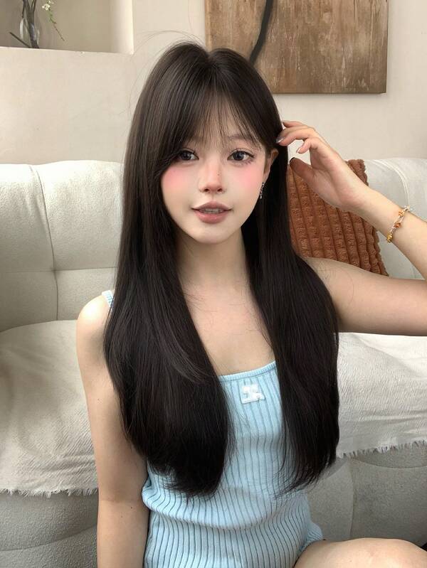 alicegarden 1 Synthetic Heat-Resistant Wig, Black Brown Long Straight Wig With Bangs, 26 Feet Long, Made Of Fiber, Suitable For Daily Use, Natural Simulation Wig