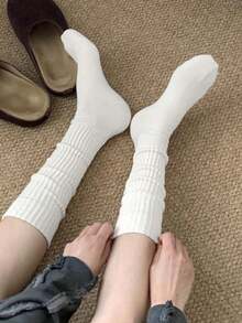 2 Pairs Women's Black & White Simple Slimming Calf Socks, Warm Long Socks Suitable For Daily Wear With Leather Shoes, Autumn/Winter