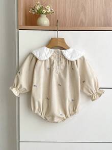 新款春秋季婴儿灯芯绒连体衣，带领子和刺绣设计，婴儿公主连体衣 - 杏色 - 查看 3