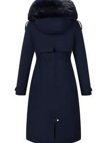 Women's Mid-Length Jacket With Faux Fur Collar And Belt, Suitable For Autumn/Winter - Blue - View 4