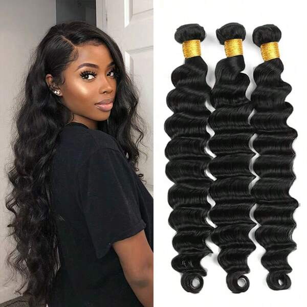 AMAYKAI Loose Deep Wave Bundles 100% Human Hair 16 18 20 22 Inch 100% Human Hair Unprocessed Brazilian Virgin Human Hair PremiumGift Loose Deep Wave Can Be Dyed And Bleached Natural Black Hair Extension Human Hair Weft Natural Black Bouncy Wave