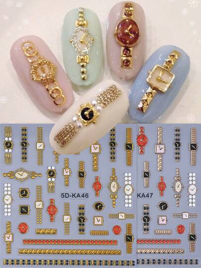 2pcs Vintage Embossed Watch Design Nail Art Stickers, 5D Golden Rose Gold Watch Clock Nail Decals Embossed Self-Adhesive Nail Art Decorations, Nail Salon DIY Supplies Nails