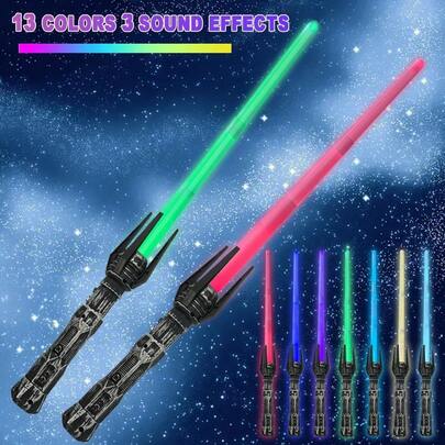 2 Pack Retractable Lightsabers With 13 Color Options & 3 Sound Effects, 2-In-1 Extended Sword Toy For Cosplay, Birthday Parties, Halloween Events And Warrior Role Play For Kids And Adults