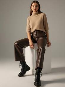 High Waist PU Leather Pants - Brown - View 6