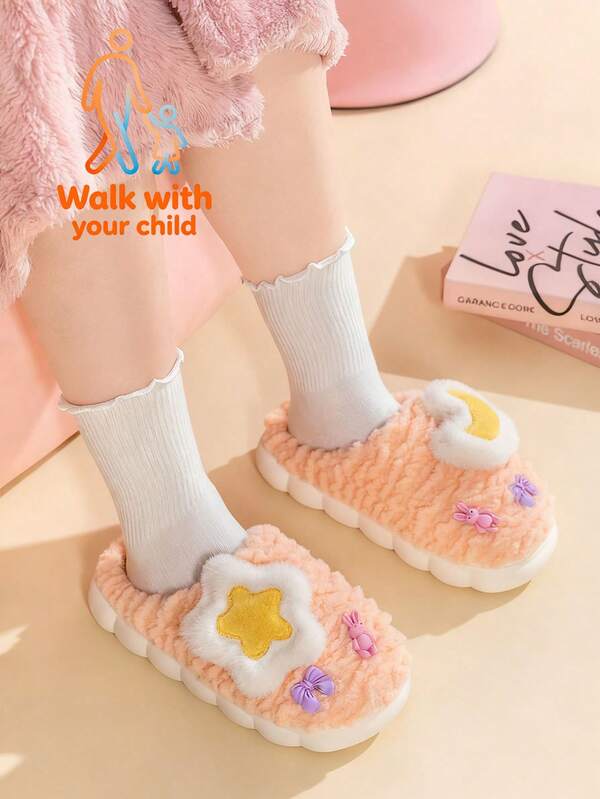 Walk With Your Child 1 Pair Cute Cartoon Star Moon Home Slippers Plush Slippers, Suitable For Home Use. Adorable Girl Floor-Standing Slippers, Warm Plush Anti-Slip Thick-Soled Shoes Suitable For Parents And Children.